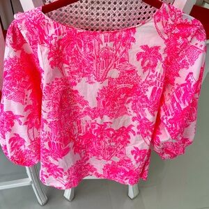 Lilly Pulitzer puffy sleeved stretch cotton hot pink toile top 2